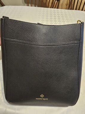 Nanette Lepore Black Pebbled Leather Messenger Crossbody with Gold Logo